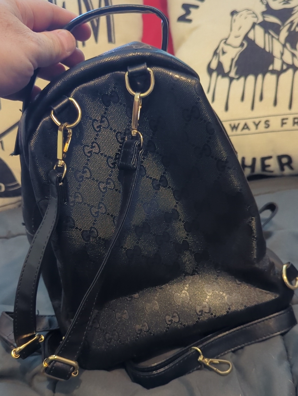 Gucci Black Leather Backpack with Green-Red Stripe - Picture 5 of 7